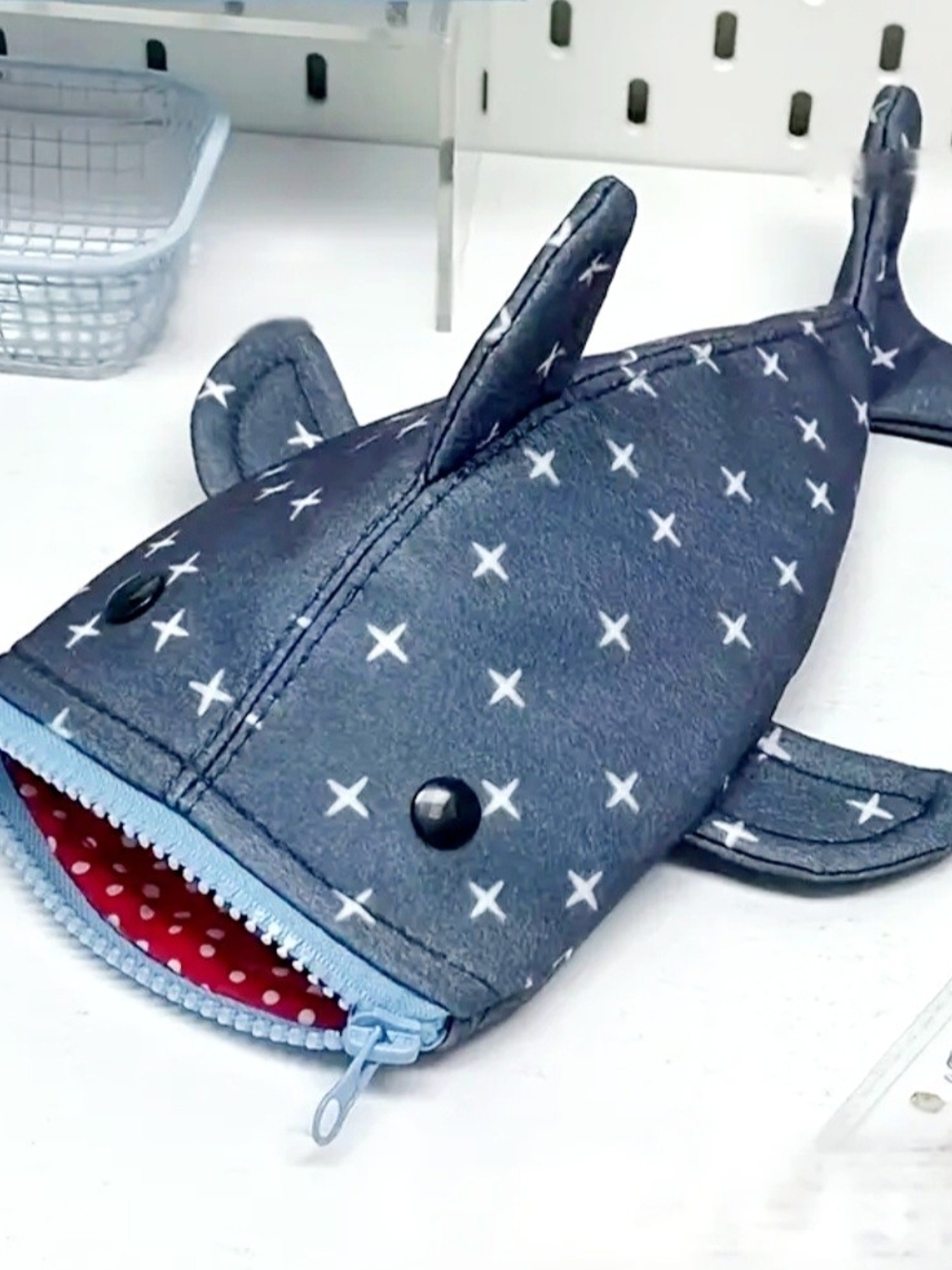 Shark Coin Purse Pouch in Navy with White X Pattern